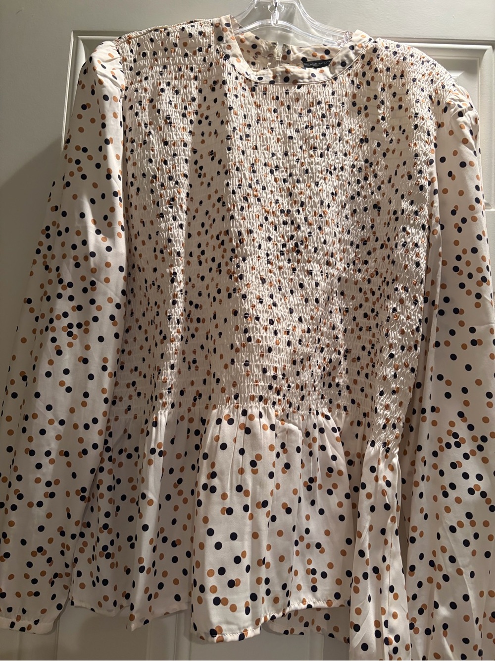 Ann Taylor Cream Smocked Peplum Blouse with Black & Brown Polka Dots